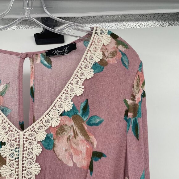 Nimi K Floral Romper Long Sleeve Crochet Trim Keyhole Womens Size Large - Picture 4 of 9